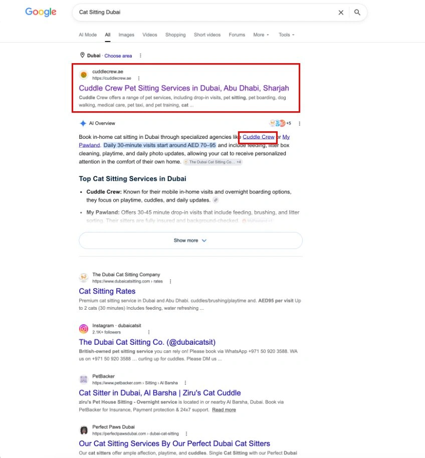 Google result for cat sitting Dubai showing cuddlecrew.ae ranked first and cited in the AI Overview