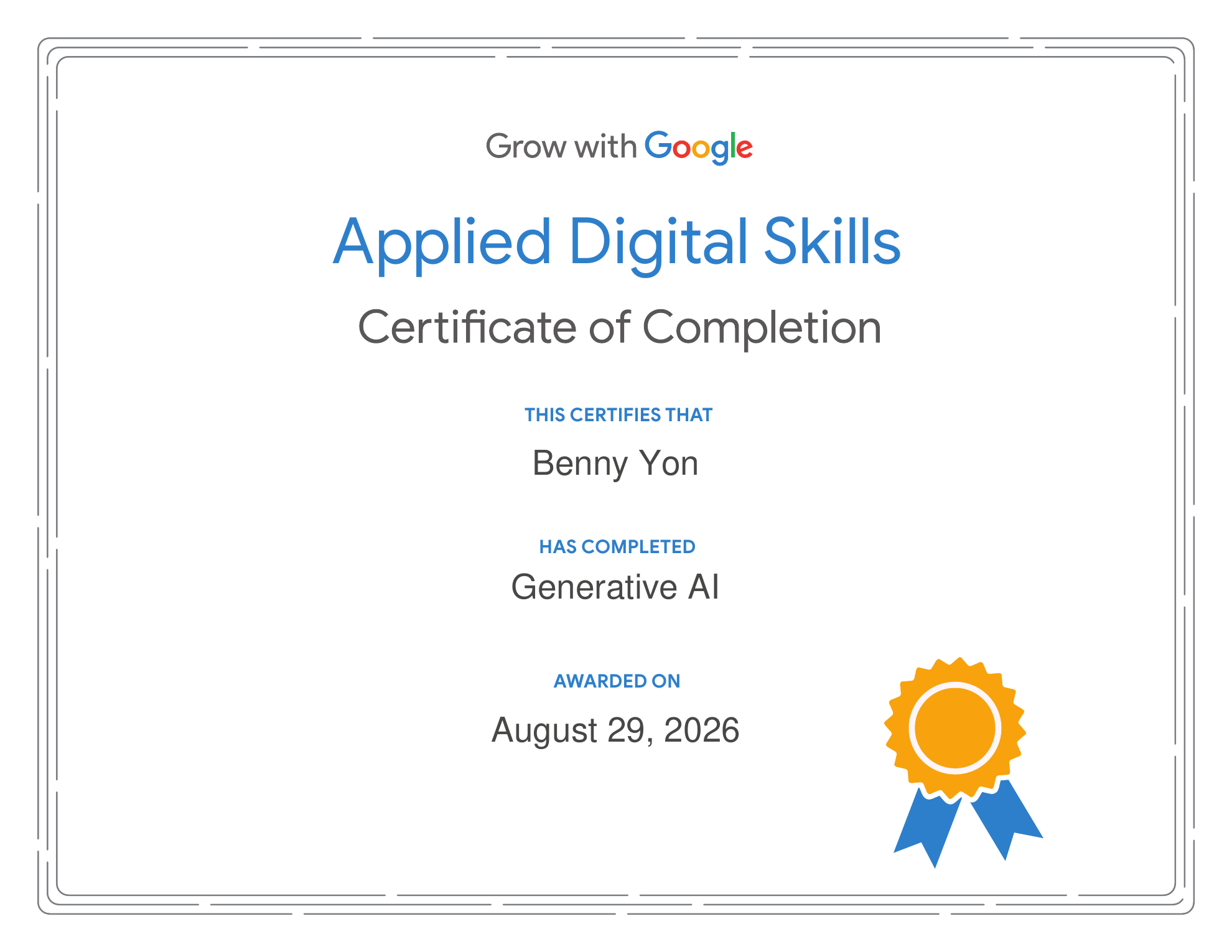 Google Applied Digital Skills Generative AI certificate example